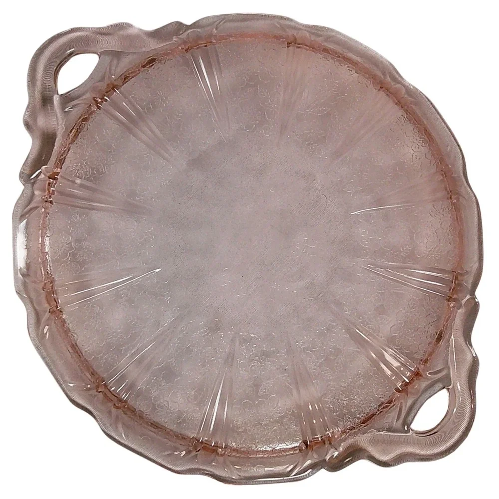 Jeannette Cherry Blossom Cake Plate 10.5in Pink Glass Vintage 2-Handle